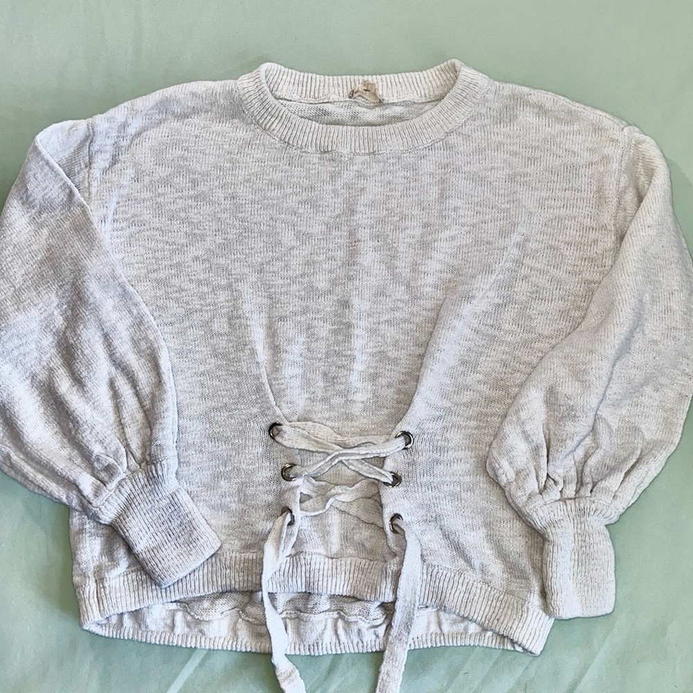Hem and Thread white crop crew sweater with pull tie gathering at waist